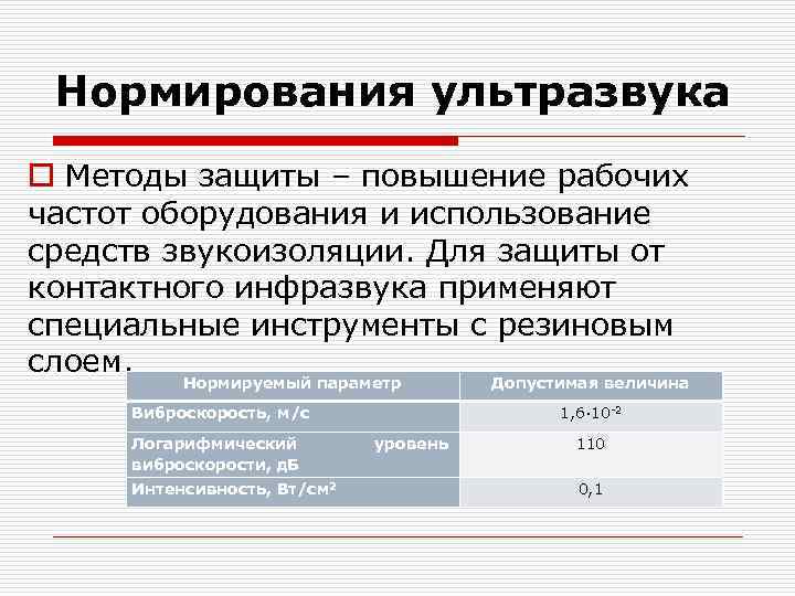 Нормирования ультразвука o Методы защиты – повышение рабочих частот оборудования и использование средств звукоизоляции.