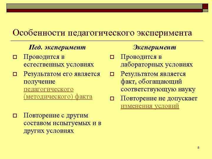 Особенности педагогического эксперимента o o o Пед. эксперимент Проводится в естественных условиях Результатом его