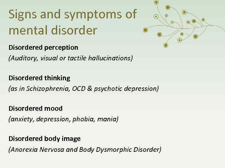 Signs and symptoms of mental disorder Disordered perception (Auditory, visual or tactile hallucinations) Disordered