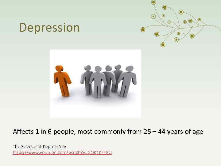 Depression Affects 1 in 6 people, most commonly from 25 – 44 years of
