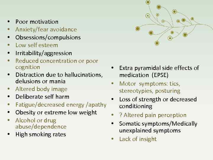  • • • • Poor motivation Anxiety/fear avoidance Obsessions/compulsions Low self esteem Irritability/aggression