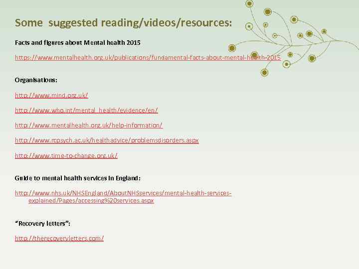 Some suggested reading/videos/resources: Facts and figures about Mental health 2015 https: //www. mentalhealth. org.