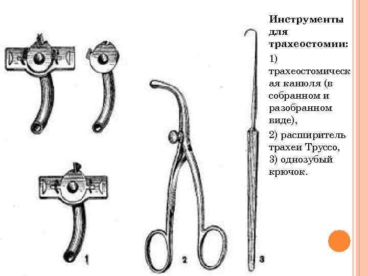 Инструменты для трахеостомии: 1) трахеостомическ ая канюля (в собранном и разобранном виде), 2) расширитель