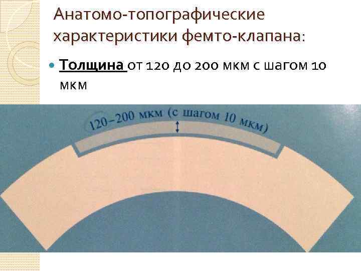 Анатомо-топографические характеристики фемто-клапана: Толщина от 120 до 200 мкм с шагом 10 мкм 