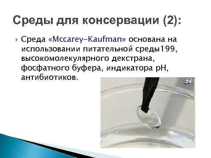 Среды для консервации (2): Среда «Mccarey-Kaufman» основана на использовании питательной среды199, высокомолекулярного декстрана, фосфатного