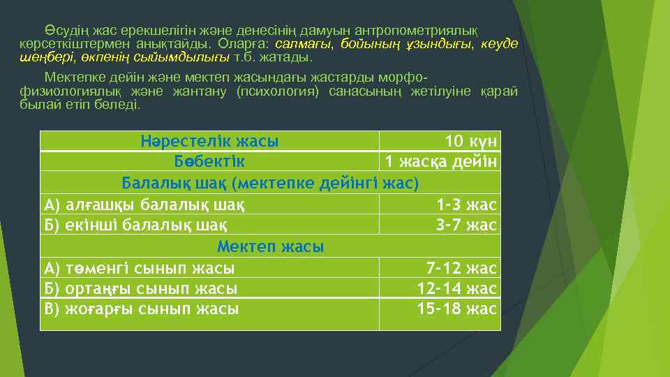 Өсудің жас ерекшелігін және денесінің дамуын антропометриялық көрсеткіштермен анықтайды. Оларға: салмағы, бойының ұзындығы, кеуде