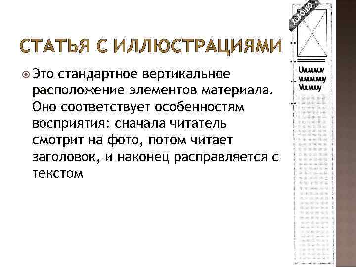 СТАТЬЯ С ИЛЛЮСТРАЦИЯМИ Это стандартное вертикальное расположение элементов материала. Оно соответствует особенностям восприятия: сначала