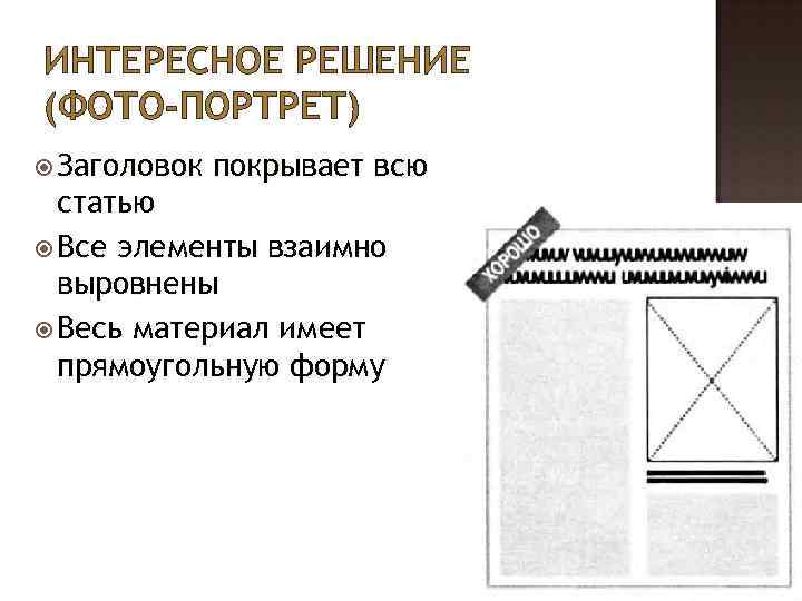 ИНТЕРЕСНОЕ РЕШЕНИЕ (ФОТО-ПОРТРЕТ) Заголовок покрывает всю статью Все элементы взаимно выровнены Весь материал имеет