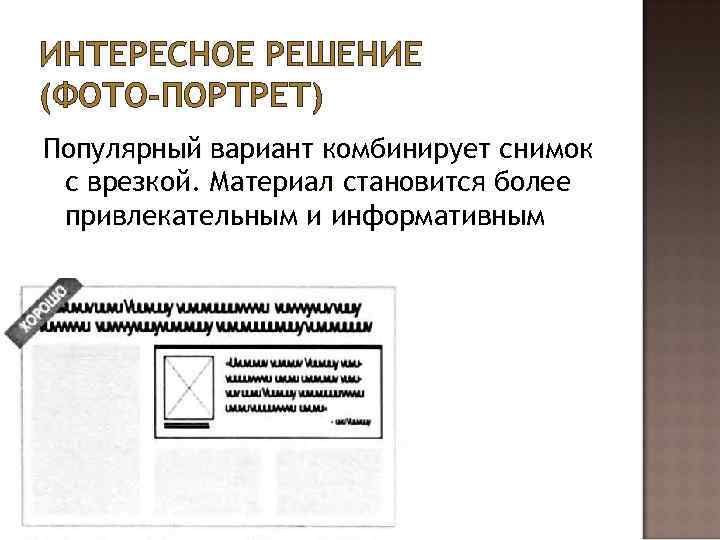 ИНТЕРЕСНОЕ РЕШЕНИЕ (ФОТО-ПОРТРЕТ) Популярный вариант комбинирует снимок с врезкой. Материал становится более привлекательным и