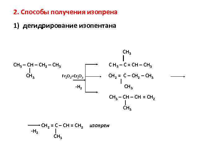 2. Способы получения изопрена 1) дегидрирование изопентана CH 3 – CH 2 – CH