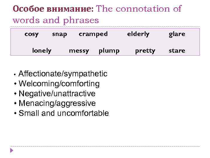 Особое внимание: The connotation of words and phrases cosy lonely snap cramped messy plump