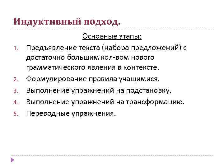 Индуктивный подход. 1. 2. 3. 4. 5. Основные этапы: Предъявление текста (набора предложений) с