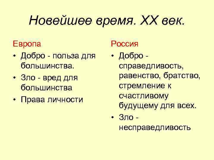 Новейшее время. XX век. Европа • Добро польза для большинства. • Зло вред для