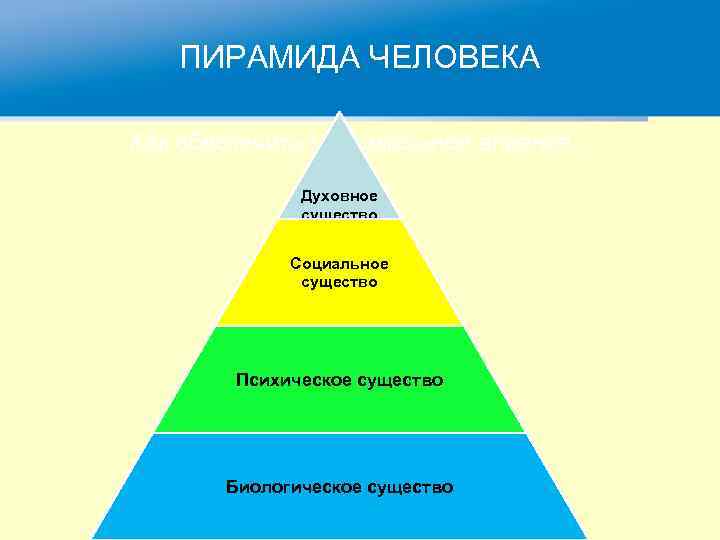 ПИРАМИДА ЧЕЛОВЕКА Как обеспечить максимальное влияние… Духовное существо Социальное существо Психическое существо Биологическое существо