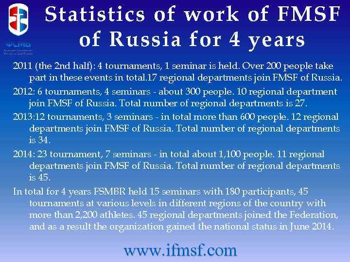 Statistics of work of FMSF of Russia for 4 years 2011 (the 2 nd