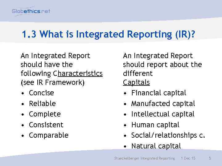 1. 3 What is Integrated Reporting (IR)? An Integrated Report should have the following