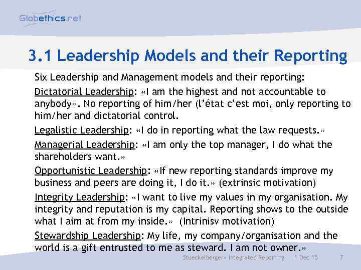 3. 1 Leadership Models and their Reporting Six Leadership and Management models and their