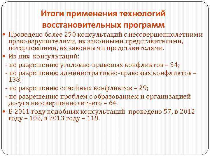 Итоги применения технологий восстановительных программ Проведено более 250 консультаций с несовершеннолетними правонарушителями, их законными