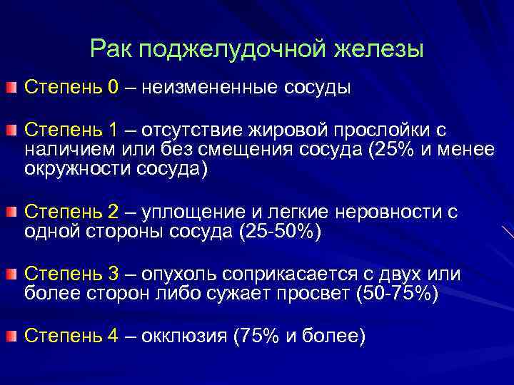 Рак поджелудочной железы Степень 0 – неизмененные сосуды Степень 1 – отсутствие жировой прослойки