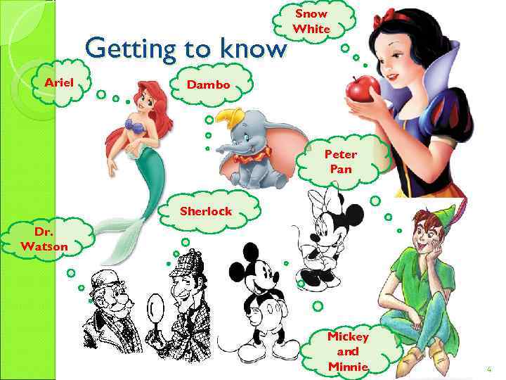 Getting to know Ariel Snow White Dambo Peter Pan Sherlock Dr. Watson Mickey and
