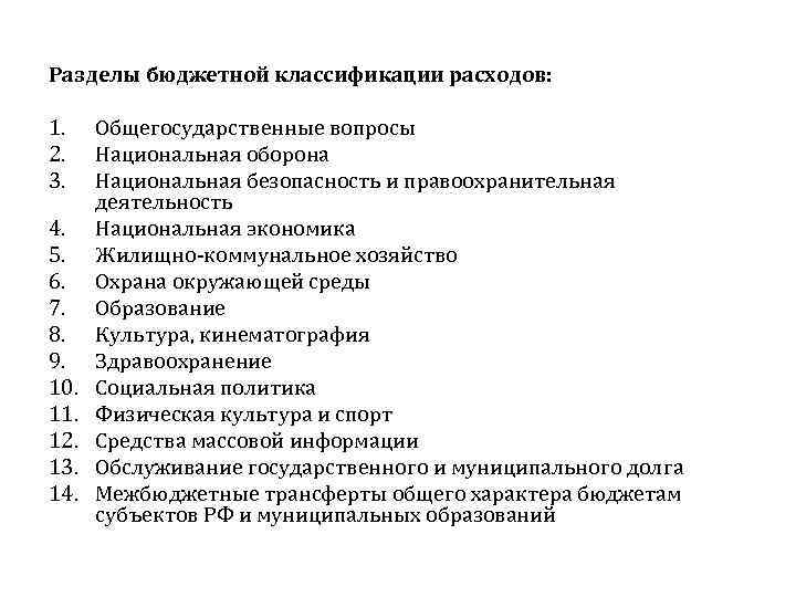 Разделы бюджетной классификации расходов: 1. 2. 3. 4. 5. 6. 7. 8. 9. 10.