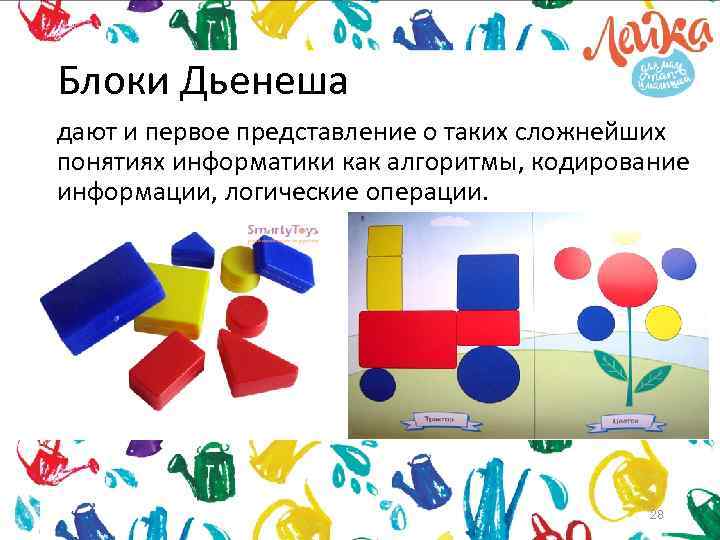 Блоки Дьенеша дают и первое представление о таких сложнейших понятиях информатики как алгоритмы, кодирование