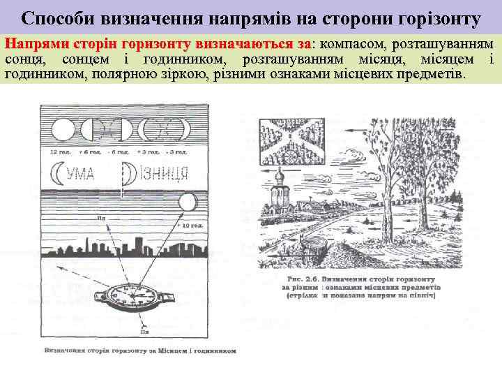 Способи визначення напрямів на сторони горізонту Напрями сторін горизонту визначаються за: компасом, розташуванням сонця,