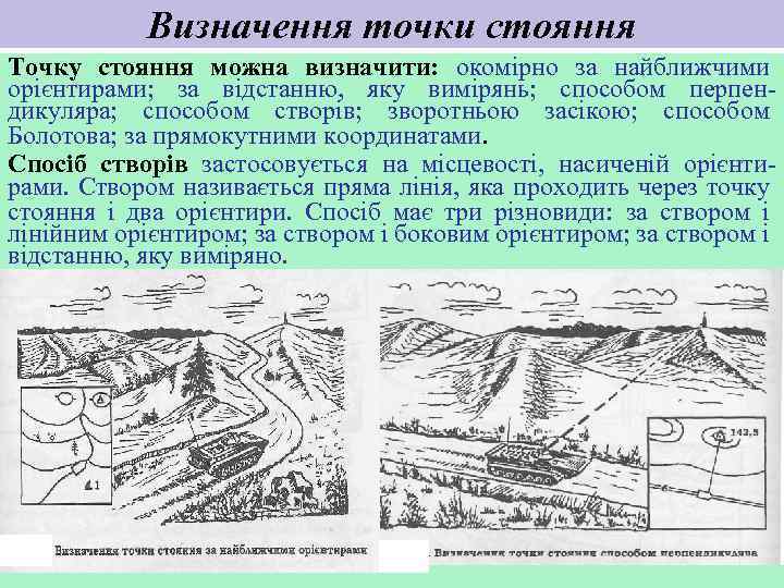 Визначення точки стояння Точку стояння можна визначити: окомірно за найближчими орієнтирами; за відстанню, яку