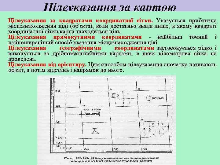 Цілеуказання за картою Цілеуказання за квадратами координатної сітки. Указується приблизне місцезнаходження цілі (об'єкта), коли