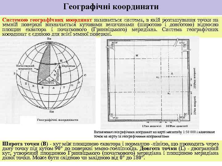 Географічні координати Системою географічних координат називається система, в якій розташування точки на земній поверхні