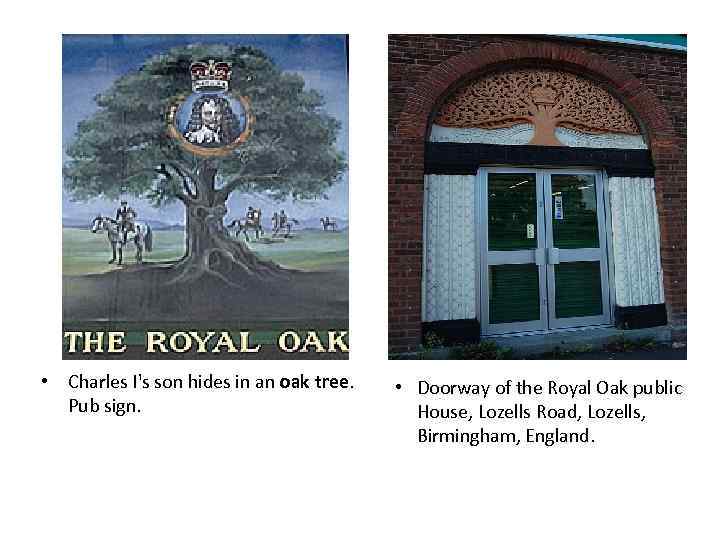  • Charles I's son hides in an oak tree. Pub sign. • Doorway