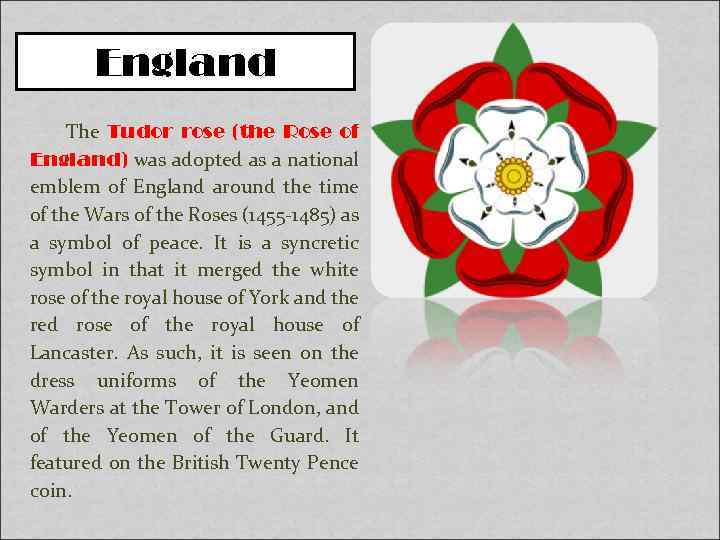 England The Tudor rose (the Rose of England) was adopted as a national emblem