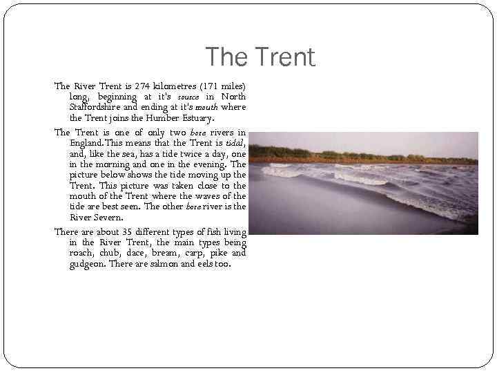 The Trent The River Trent is 274 kilometres (171 miles) long, beginning at it's