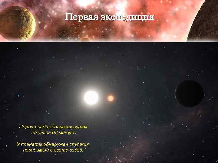 Первая экспедиция Период надеждианских суток 25 часов 08 минут. У планеты обнаружен спутник, невидимый