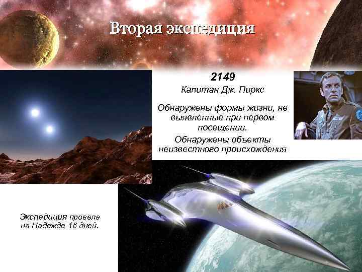 Вторая экспедиция 2149 Капитан Дж. Пиркс Обнаружены формы жизни, не выявленные при первом посещении.
