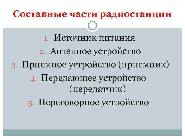 Составные части радиостанции 1. Источник питания 2. Антенное устройство 3. Приемное устройство (приемник) 4.