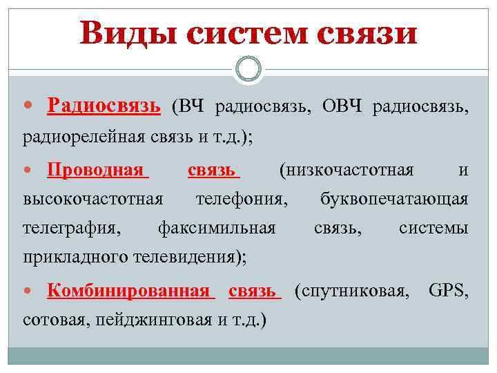 Виды систем связи Радиосвязь (ВЧ радиосвязь, ОВЧ радиосвязь, радиорелейная связь и т. д. );