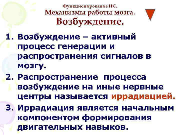 Функционирование НС. Механизмы работы мозга. Возбуждение. 1. Возбуждение – активный процесс генерации и распространения