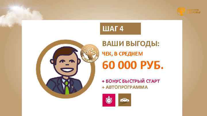 ШАГ 4 ВАШИ ВЫГОДЫ: ЧЕК, В СРЕДНЕМ 60 000 РУБ. + БОНУС БЫСТРЫЙ СТАРТ