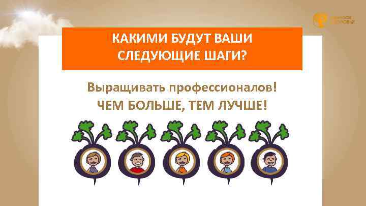 КАКИМИ БУДУТ ВАШИ СЛЕДУЮЩИЕ ШАГИ? Выращивать профессионалов! ЧЕМ БОЛЬШЕ, ТЕМ ЛУЧШЕ! 