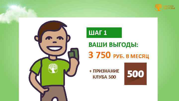 ШАГ 1 ВАШИ ВЫГОДЫ: 3 750 РУБ. В МЕСЯЦ + ПРИЗНАНИЕ КЛУБА 500 