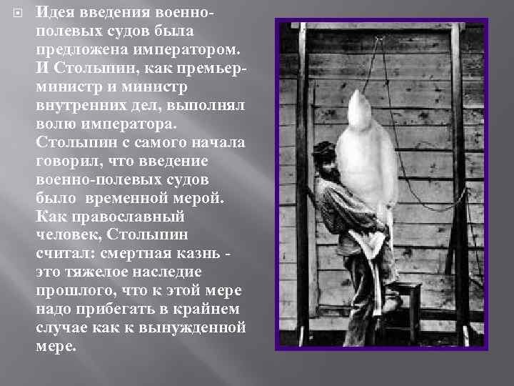  Идея введения военнополевых судов была предложена императором. И Столыпин, как премьерминистр и министр