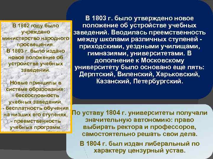 В 1803 г. было утверждено новое В 1802 году было положение об устройстве учебных