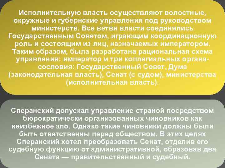 Исполнительную власть осуществляют волостные, окружные и губернские управления под руководством министерств. Все ветви власти