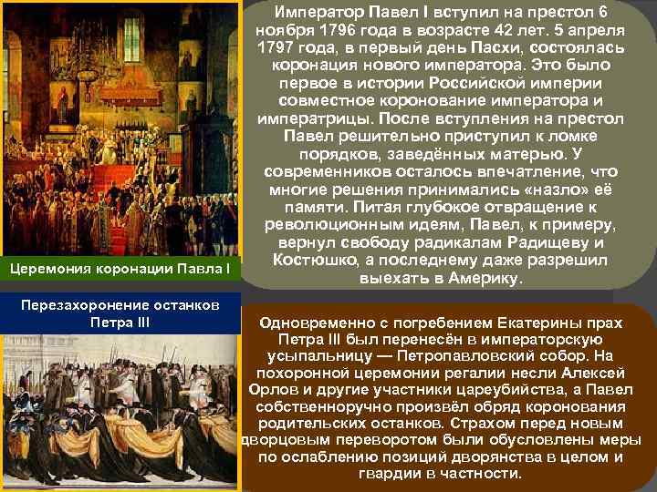 Церемония коронации Павла I Перезахоронение останков Петра III Император Павел I вступил на престол