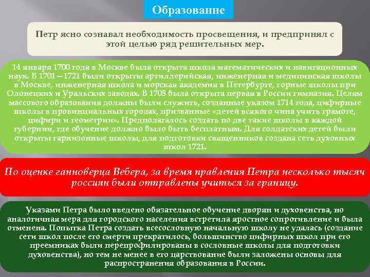Образование Петр ясно сознавал необходимость просвещения, и предпринял с этой целью ряд решительных мер.