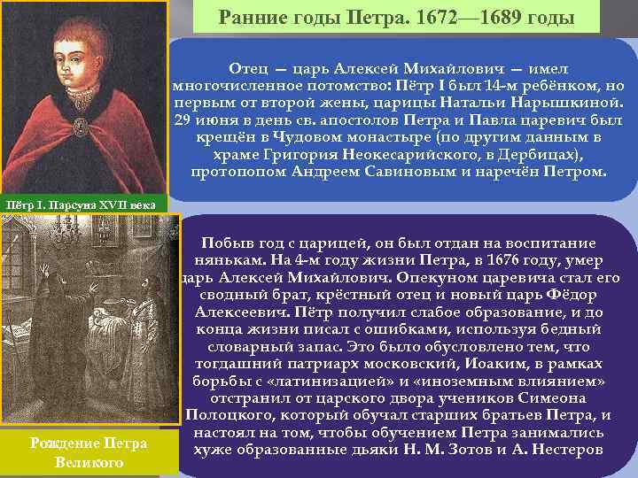 Ранние годы Петра. 1672— 1689 годы Отец — царь Алексей Михайлович — имел многочисленное
