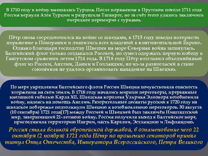 В 1710 году в войну вмешалась Турция. После поражения в Прутском походе 1711 года
