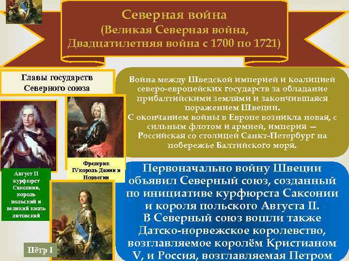 Северная война (Великая Северная война, Двадцатилетняя война с 1700 по 1721) Главы государств Северного