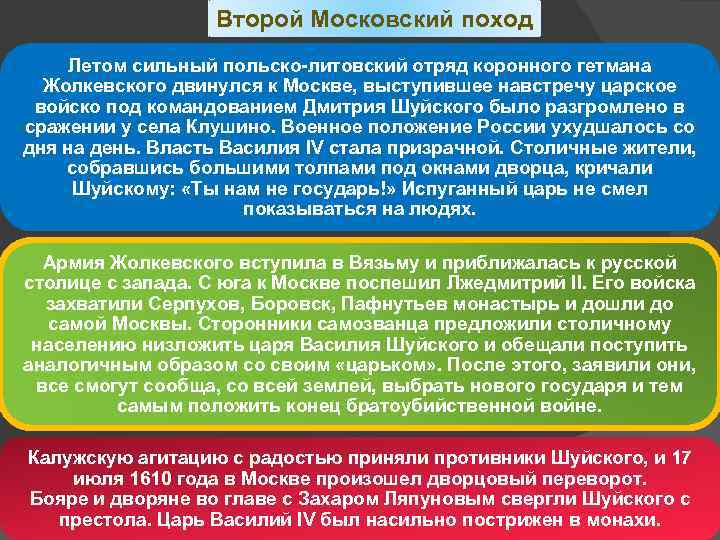 Второй Московский поход Летом сильный польско-литовский отряд коронного гетмана Жолкевского двинулся к Москве, выступившее